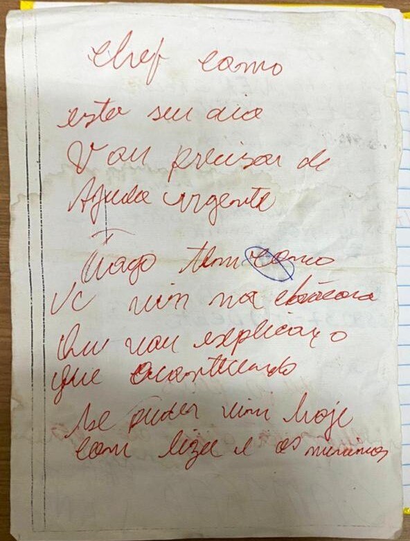 Bilhete para Thiago Gabriel, esposo da cabelereira Elizamar da Silva