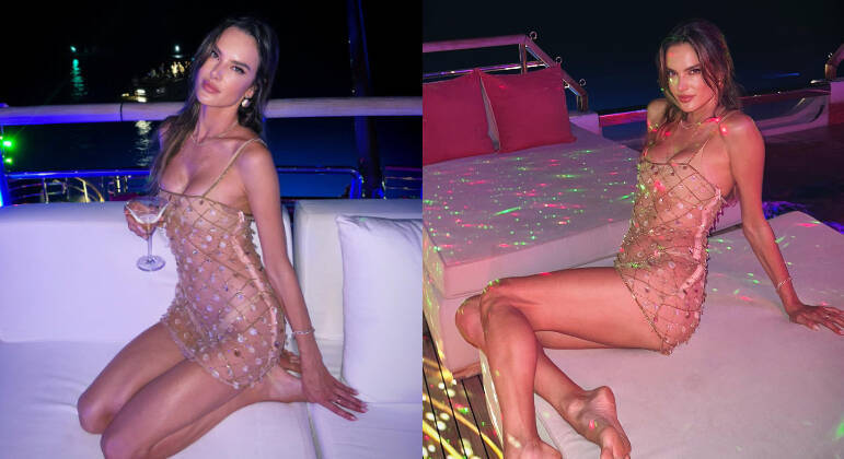Para curtir a noite de Ibiza — uma das mais famosas do mundo — em uma festa a bordo de um iate, Alessandra elegeu um vestido curtíssimo de tule transparente e aplicações em pedraria