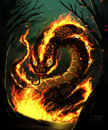 Boitatá - Tem origem tupi. Cobra de fogo gigante que protege os campos de homens que botam fogo na mata. 