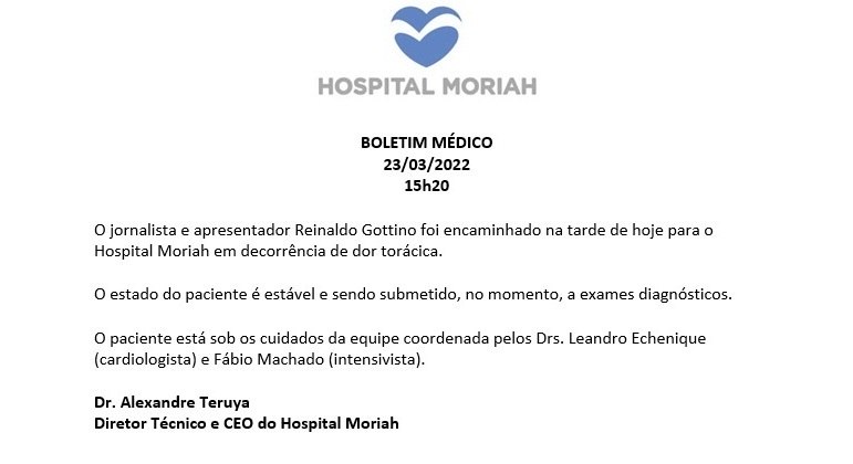 Boletim médico do apresentador Reinaldo Gottino