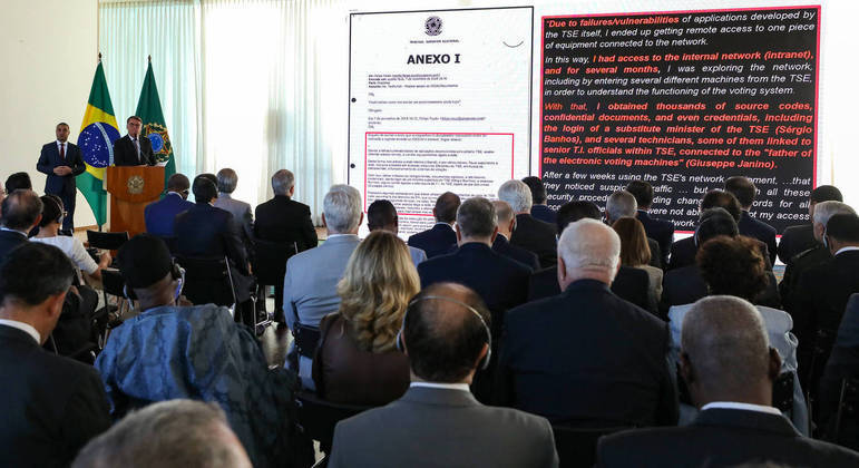 Bolsonaro durante a apresentação a embaixadores em que pôs em xeque sistema eleitoral