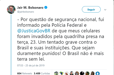 Tweet publicado pelo presidente nesta quinta-feira