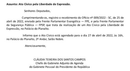 Ofício que confirma a presença de Jair Bolsonaro