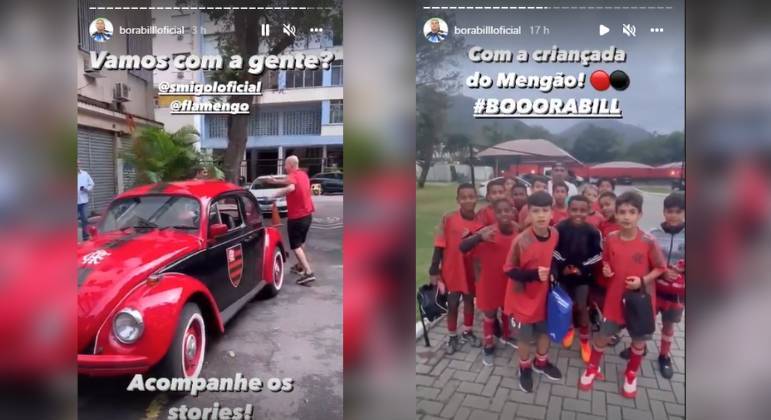 O time da Gávea ainda levou Bill para passear no Fusca do clube, que tem as cores e o tema 'Flamengo'. Além disso, nas redes sociais, Bill registrou as crianças da categoria de base brincando com o bordão