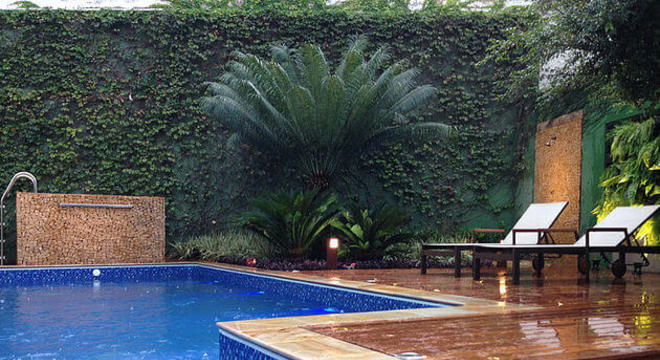 Borda de piscina com pedra e madeira 