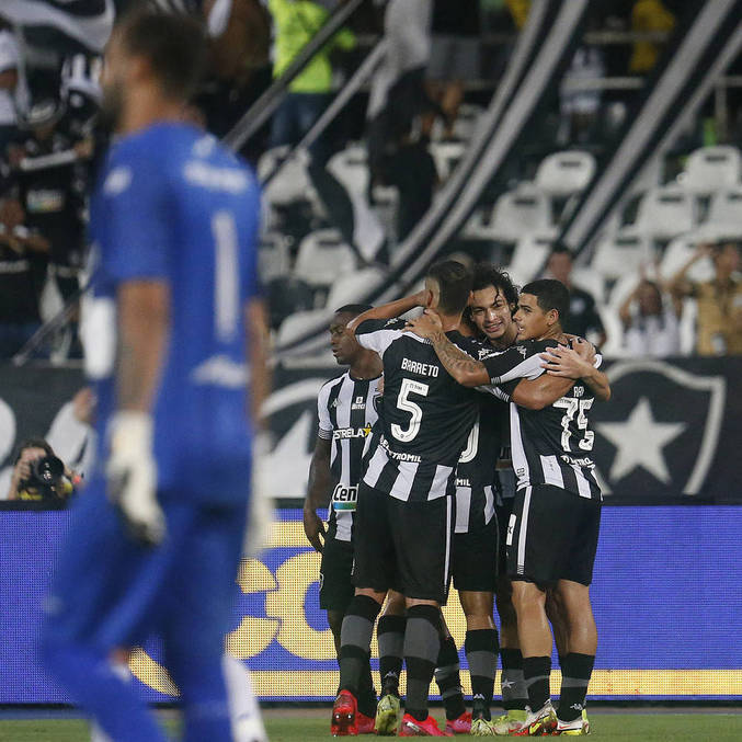 Jogadores do Botafogo comemoram um dos gols da vitória no Estádio Nilton Santos