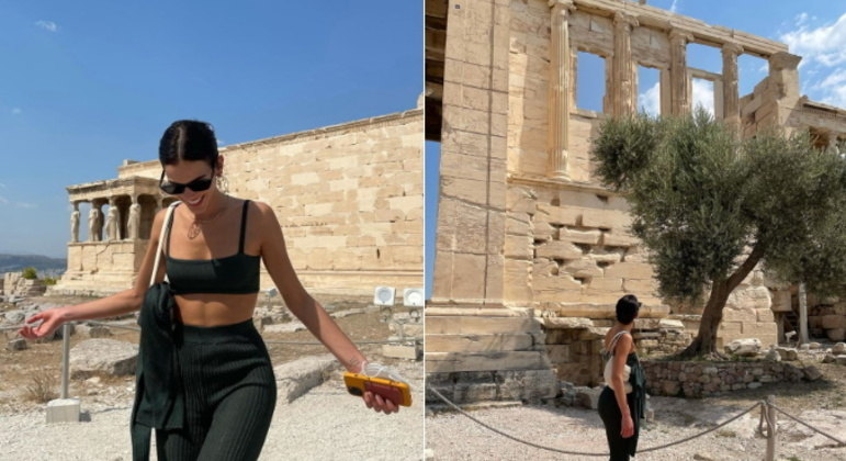 Na Grécia, Bruna teve apenas 24 horas em Atenas. Para aproveitar, visitou pontos históricos como a Acrópole e o Partenon. Para a ocasião, ela escolheu um look todo preto e bem leve 