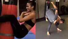 Bruna Marquezine faz treino pesado, com direito a golpe em personal e abdominais pendurada