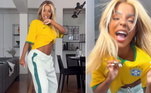 A dançarina Brunna Gonçalves mostrou toda a sua empolgação para o jogo. Além de exibir o look escolhido, com uma camisa amarela da seleção e uma calça com detalhe em verde, ela fez uma dancinha para os seguidores na web