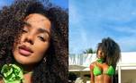Brunna Gonçalves escolheu um biquíni verde néon, de crochê e cavadíssimo para curtir uma piscina em Salvador, na Bahia. Destaque para o chocker de flor que dá um toque de bastante charme ao look