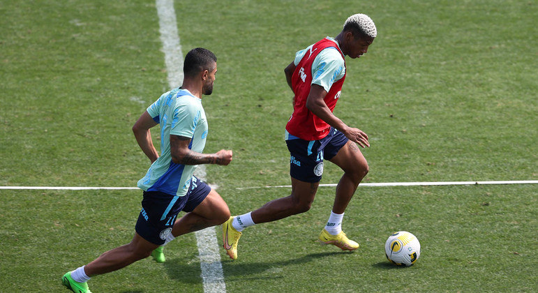 Bruno Tabata e Danilo disputam a bola em atividade do Palmeiras visando o duelo com o Flu