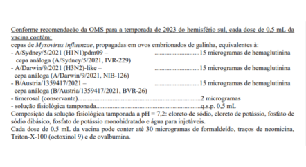 Bula da Anvisa para imunizante contra gripe de 0.5 ml