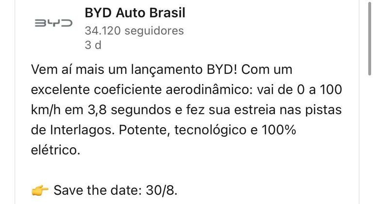 Postagem da BYD nas redes sociais 
