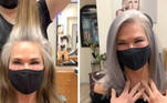 Em seguida, o cabeleireiro prepara uma cor grisalha equilibrada com a tonalidade original da cliente 