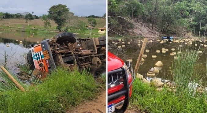 Botijões ficaram boiando na lagoa após o acidente
