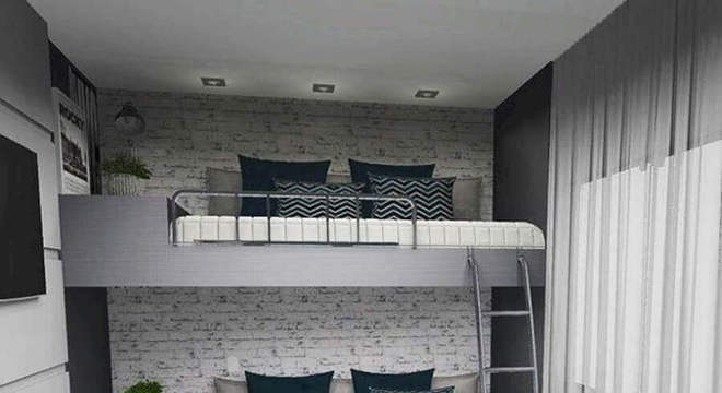 cama suspensa para quarto cinza e branco decorado com papel de parede de tijolinho branco 