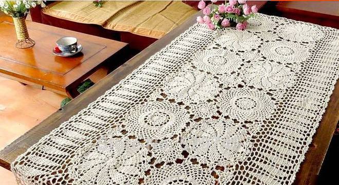 caminho de mesa de croche retangular branco