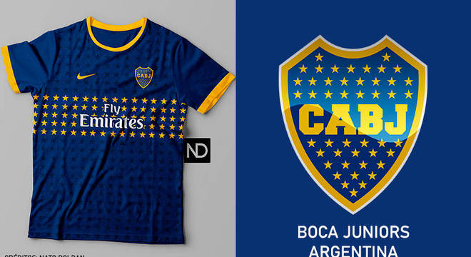 Camisas dos times de futebol inspiradas nos escudos dos clubes: Boca Juniors