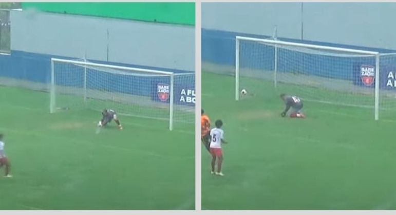 Goleirão tentou agarrar a bola, mas não conseguiu e a viu entrar para o fundo do gol