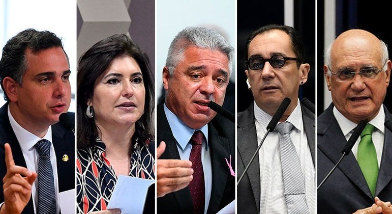 Os candidatos: Rodrigo Pacheco, Simone Tebet, Major Olimpio, Jorge Kajuru e Lasier Martins 