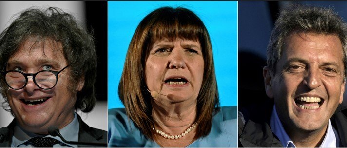 Os candidatos favoritos ao pleito argentino, da esq. para a dir.
: Javier Milei, Patricia Bullrich e Sergio Massa
