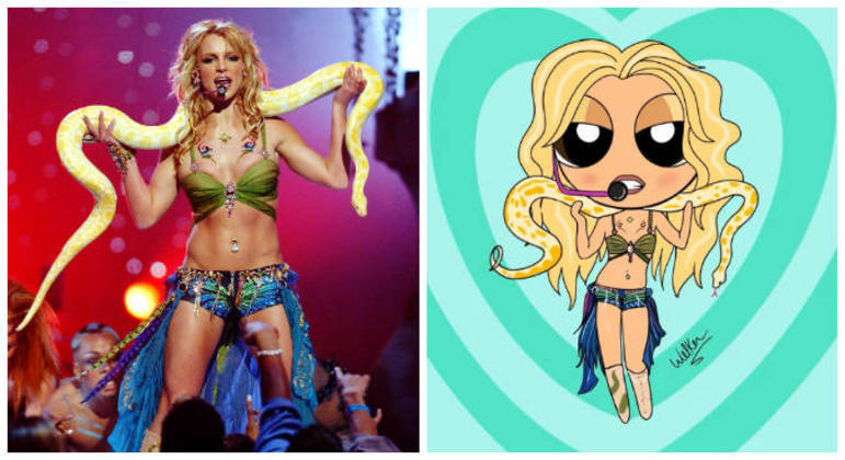 O icônico show de Britney no VMA 2001, quando a cantora se apresentou ao som do hit Slave 4 U com uma cobra sobre os ombros, foi representado pelo artista em desenho