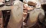 Um raro capacete grego de batalha foi desenterrado do túmulo de um guerreiro, provavelmente sepultado no século 4 a.C.