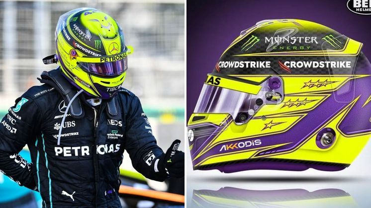Capacete para a temporada de 2022No ano passado, o piloto decidiu colocar no capacete o amarelo, cor que utilizava na época em que competia no kart. Quando publicou o design feito por Raí, Hamilton disse que, com aquela arte, queria mostrar o 