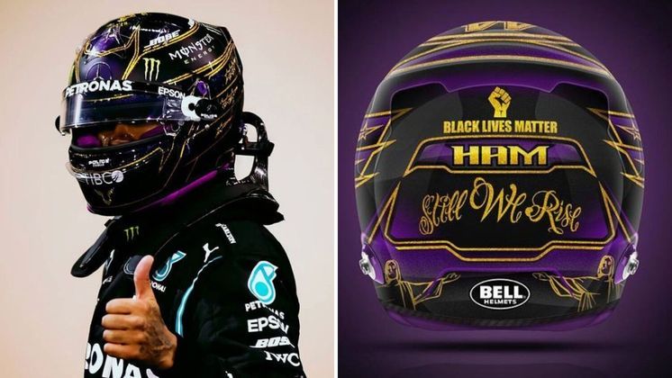 Capacete em comemoração ao heptacampeonato em 2020Para a corrida final do ano, em Abu Dhabi, Hamilton correu com o capacete com detalhes dourados. Ele se tornou heptacampeão naquele ano, no GP da Turquia. A clássica frase do britânico 