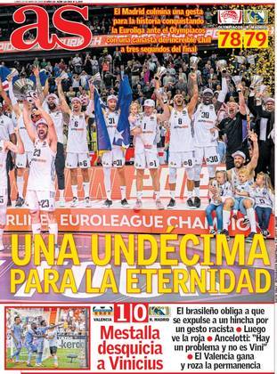 O AS, da Catalunha, também dá o maior destaque da capa à conquista do basquete do Real Madrid. A chamada para o ocorrido com Vini Jr. apenas afirma que 