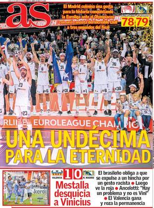 Ontem, o Ás deu o maior destaque da capa à conquista do basquete do Real Madrid, enquanto a chamada para o crime contra Vini Jr. se resumia a dizer que 