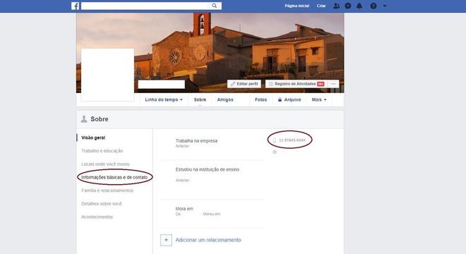 Captura de tela de configurações do Facebook