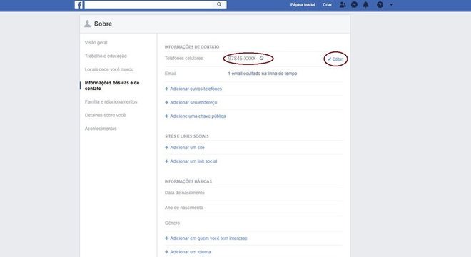 Captura de tela de configurações do Facebook