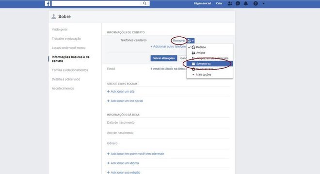 Captura de tela de configurações do Facebook