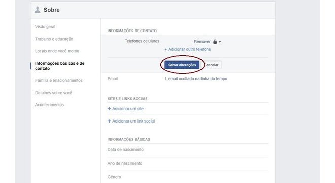 Captura de tela de configurações do Facebook