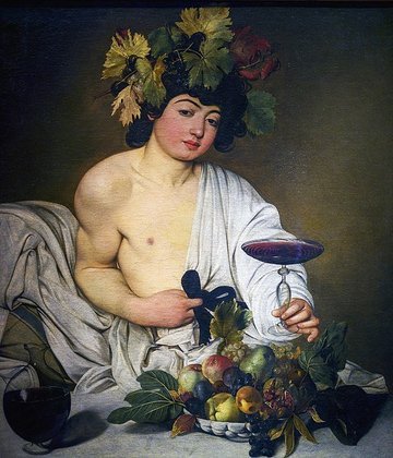 Caravaggio se retratou várias vezes e  já foi dito que, às vezes, ele usava um espelho para se ver e pintar. Aqui, ele encarna Baco, o Deus do Vinho. 