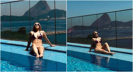 Carla Diaz toma sol com biquíni roxo metalizado, no Rio