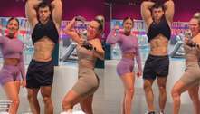 Carla Perez mostra muque ao lado da nora e do filho, que exibe a barriga trincada