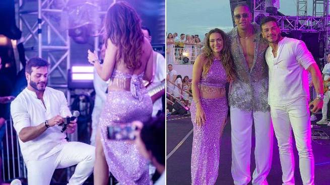 Carla Prata é pedida em casamento no palco de show do cantor Leo Santana: 'Sim, meu amor!'