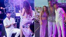 Carla Prata é pedida em casamento no palco de show do cantor Leo Santana: 'Sim, meu amor!'