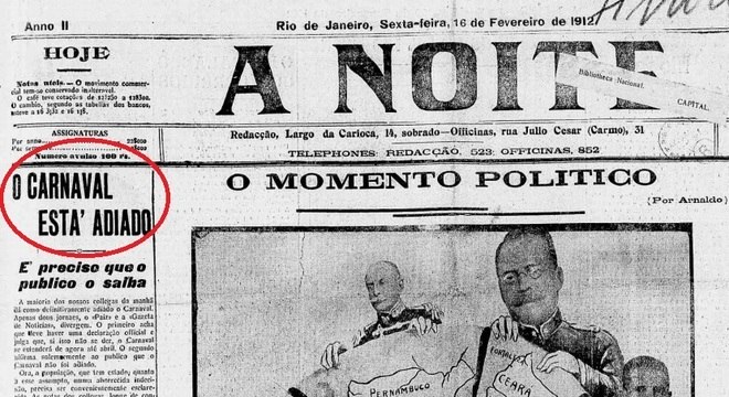 Reprodução de jornal de 1912 anunciando o adiamento do carnaval