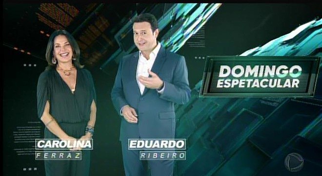 Carolina Ferraz e Eduardo Ribeiro em chamada do "Domingo Espetacular"