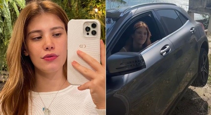 Carro de Caroline Dallarosa ficou tombado e atriz brincou com a situação