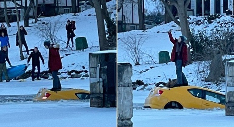 Motorista tirou selfie sobre carro, enquanto ele afundava em rio congelado