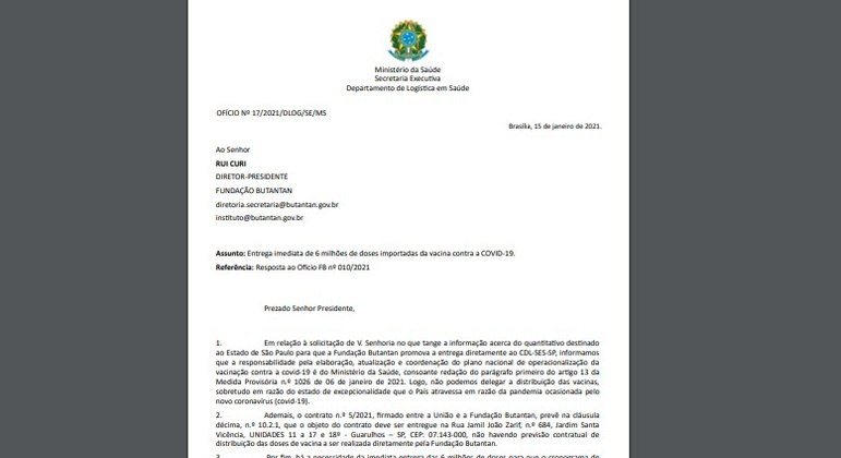 Resposta do Ministério da Saúde à resposta do Butantan