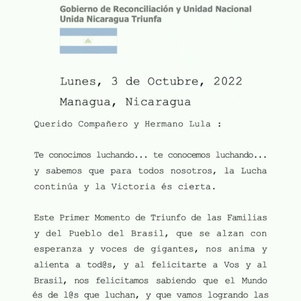 Carta de Daniel Ortega a Lula