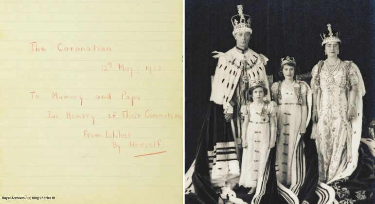 Imagem mostra a carta escrita por Elizabeth; ao lado, George 6º e Isabel 2ª posam com as filhas
