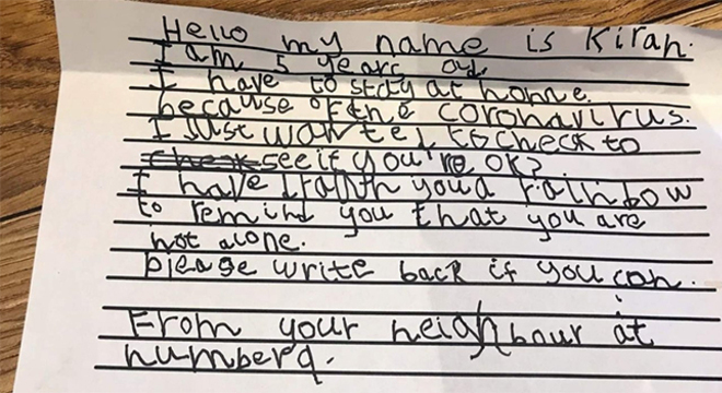 Garotinha de cinco anos escreveu carta para o vizinho, de 93