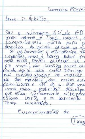 Na carta, Tiago se desculpa