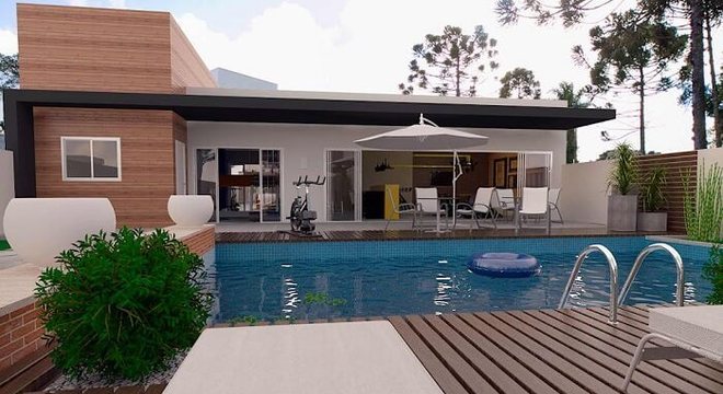 Casas com piscinas e deck de madeira